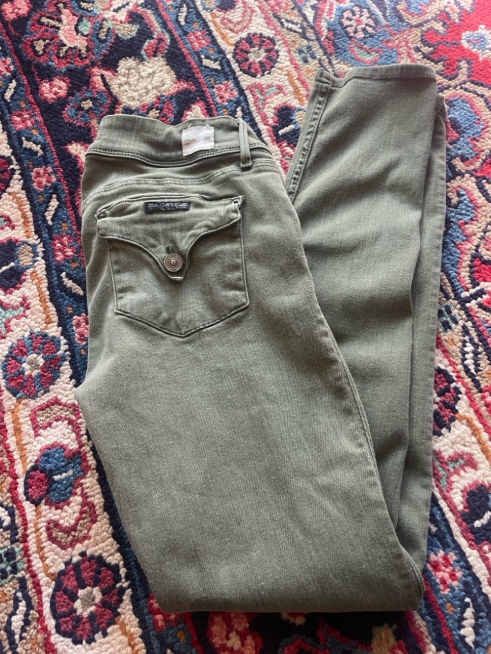 Hudson Collin Skinny Green Jeans - Back Pocket Button Detail